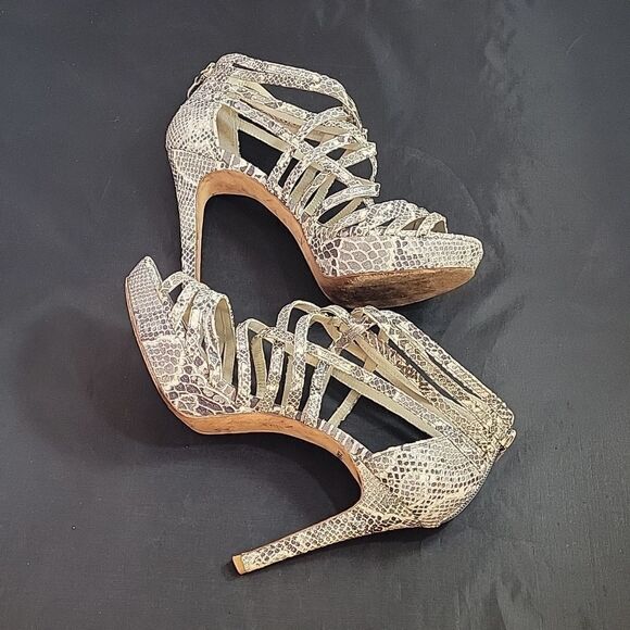 WOMEN"S POUR LA VICTOIRE SNAKESKIN LEATHER OPEN TOE HIGH HEEL STILETTOS SANDAL - Picture 8 of 12